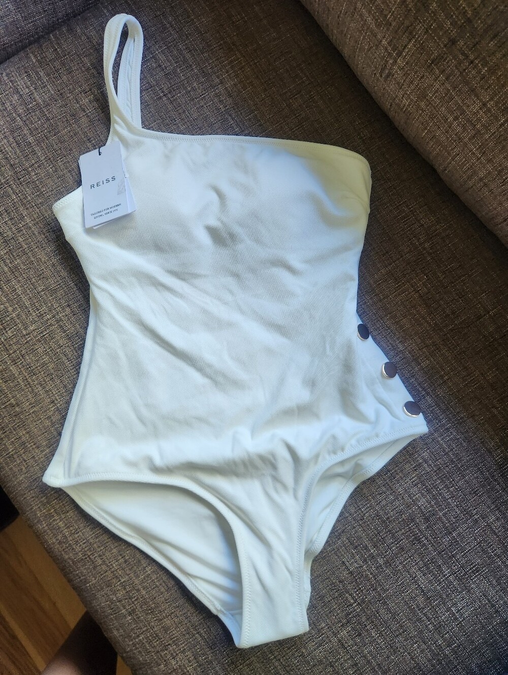 Reiss Ivory One-Shoulder Swimsuit with Side Button Detail, Size 2